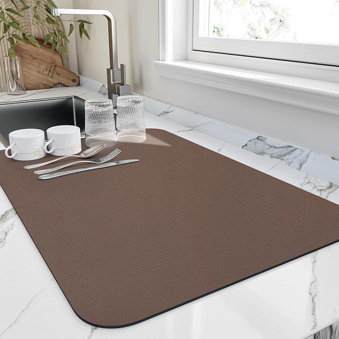 HotLive Dish Drying Mat for Kitchen Counter, Heat Resistant Drainer Mats with Non-slip Rubber Backed, Hide Stain Kitchen Super Absorbent Draining Mat, Easy to Clean Dish Rack Pad, Brown 18"x32"