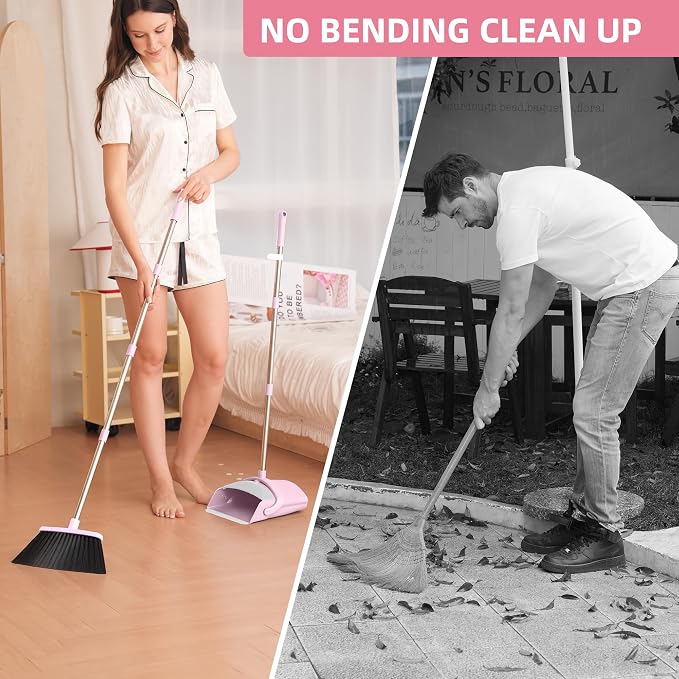 BSKLIN Broom and Dustpan Set for Home, 52" Long Handle Standing Broom Set with Dustpan Self-Cleaning Teeth for Hair Removal Heavy Duty Indoor Outdoor Sweeping Kit for Kitchen Garage (Pink)