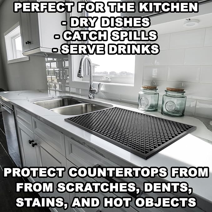 AXIESO Silicone Drip Mat - 1/2 Inch Thick, Heat-Resistant and Food Safe - Counter Top, Coffee Bar or Restaurant - Drying Mat for Glasses - 18x12 Inches