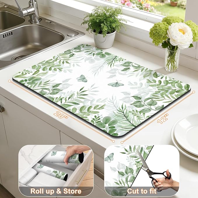LOKHOM Dish Drying Mat for Kitchen Counter, 12"x20" Absorbent Coffee Bar Mat with Green Plant & Butterfly, Dish Drainer Rack Mats for Kitchen Counter Coffee Maker Pot Dining Room Decoration