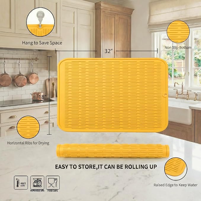 MicoYang Silicone Dish Drying Mat for Multiple Usage,Easy clean,Eco-friendly,Heat-resistant Silicone Mat for Kitchen Counter or Sink,Refrigerator or Drawer Liner Yellow 4XL 32 inches x 18 inches