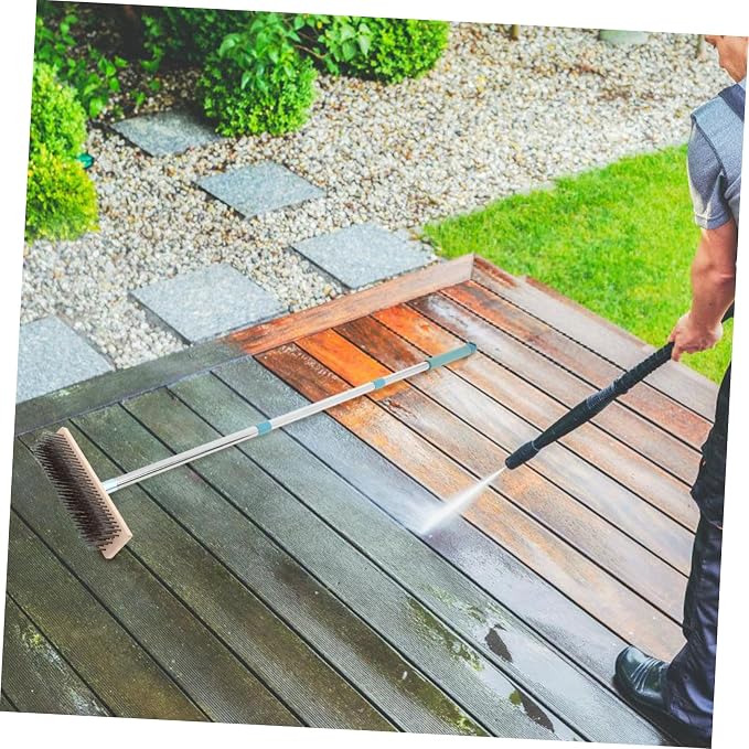 PRETYZOOM Heavy Duty Stainless Steel Scrub Brush with Pole for Tough Outdoor Cleaning for Decks Patios and Concrete Ergonomic Design for Comfortable Use