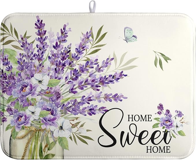 Spring Lavender Floral Dish Drying Mats Spring Summer Dish Mat Purple Flowers Butterfly Drying Matt Dishes Dryer Pad for Kitchen Counter Absorbent Microfiber Washable Foldable Reusable 18x24 in