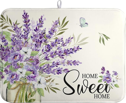 Spring Lavender Floral Dish Drying Mats Spring Summer Dish Mat Purple Flowers Butterfly Drying Matt Dishes Dryer Pad for Kitchen Counter Absorbent Microfiber Washable Foldable Reusable 18x24 in