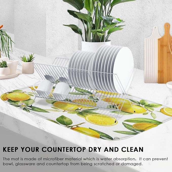 Sanwarm Absorbent Dish Drying Mat, Floral Lemon Fruits Vintage Microfiber Pad for Kitchen Counter, Coffee Bar Decor, Heat Resistant and Reversible, 18" x 24"