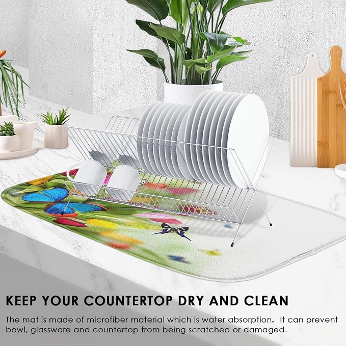 Sanwarm Absorbent Dish Drying Mat, Spring Flowers Butterflies Microfiber Pad for Kitchen Counter, Coffee Bar Decor, Heat Resistant and Reversible, 16" x 18"