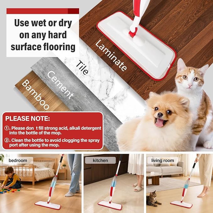 Wet Spray Mop for Floor Cleaning with 14 oz Bottle & 2 Microfiber Pads | Refillable bottle, washable pads, dry/wet use for home or commercial cleaning on hardwood, laminate, wood & ceramic floors