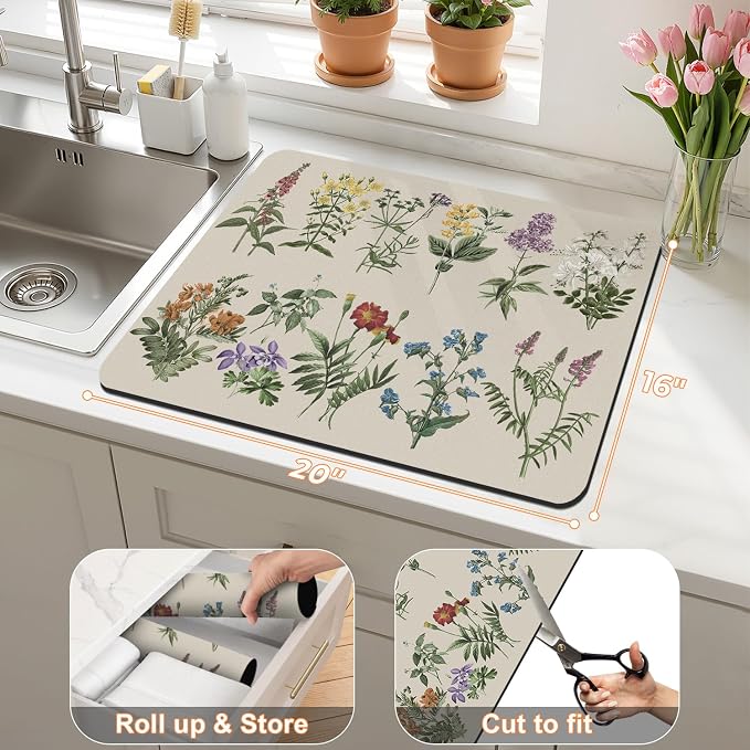 LOKHOM Dish Drying Mat for Kitchen Counter, 16"x20" Absorbent Coffee Bar Mat with Vintage Sage Flower Herbs, Dish Drainer Rack Mat for Kitchen Counter