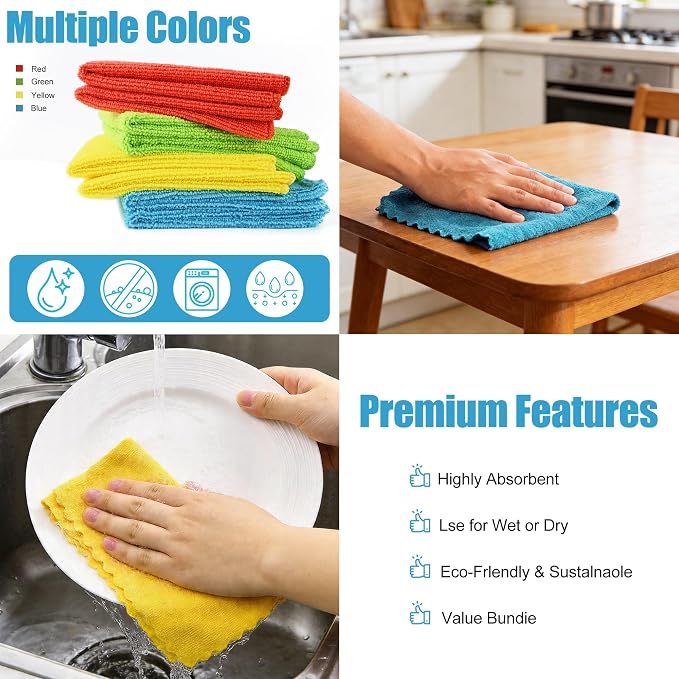 Puomue Microfiber Cleaning Cloth, 24 Pack Highly Absorbent Cleaning Rags, 4 Color Mix, Reusable, Soft and Lint Free Cleaning Supplies for Window, Household and Kitchen, 12 Inch X 10.6 Inch