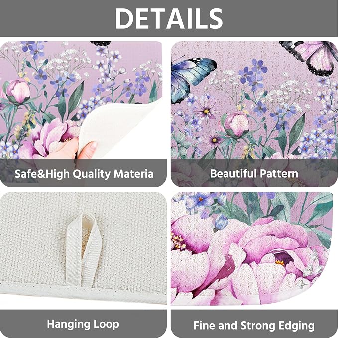 Dish Drying Mat for Kitchen Counter 18x24 Inch, Super Absorbent Dish Drainer Mat, Decorative Microfiber Dishes Drying Pad-Large(Purple Butterfly)
