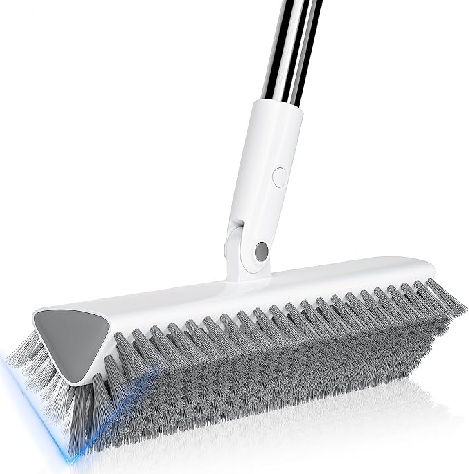 Scrub Brush with Long Handle, Extends to 55 in, Pivoting Triangle Head | Dual-direction stiff bristles work on push and pull strokes for bathtub, shower, tile, grout, patio and concrete