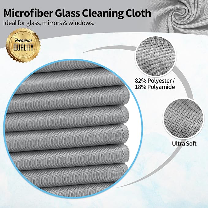 Microfiber Cleaning Cloth - 10 Pack Glasses Cleaning Cloth, 16" x 14" Window Cleaning Rags, Streak Free Lint Free Polishing Cloths Wipes for Eye Glass, Stainless Steel, Windshield, Grey