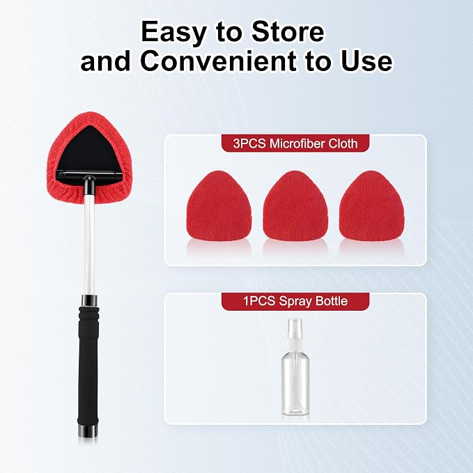 JUSTTOP Windshield Cleaner Tool, Car Interior and Exterior Window Cleaning Kit with Extendable Handle & 4 Reusable Microfiber Pads, Auto Glass Wiper Brush Kit for Car & Home Windows (Red)