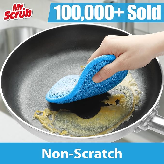 Mr. Scrub Sponges Kitchen Dish Sponge for Washing Dishes Cleaning Kitchen, 8 Pack, Non Scratch, Rough Scrubbers Side for Non-Stick Cookware, Soft Microfiber Scrub Side for Dishes, Multicolor