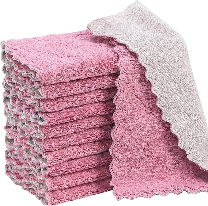 Rachan 11Pack Kitchen Dish Cloths, Reusable Dish Towels, Nonstick Oil Washable Fast Drying, Super Absorbent Coral Velvet Cleaning Cloths for Cleaning Tableware, Kitchen, Bathroom (Purple-grey10 x 6")