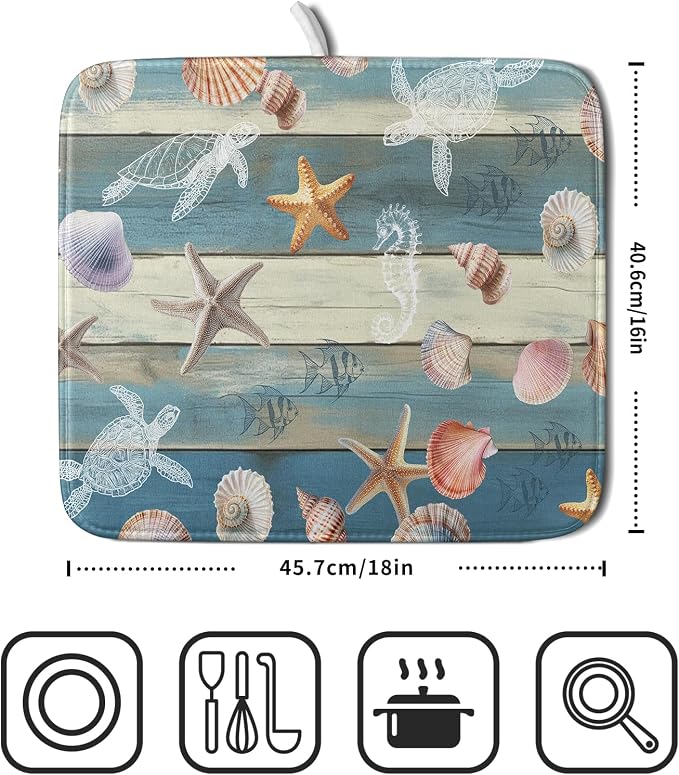 Giwawa Coastal Starfish Dish Drying Mat Summer Sea Turtle Drainer Rack Mat Absorbent Microfiber Kitchen Countertop Protector Dishes Pad 16x18 inch