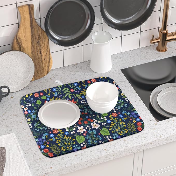 Flower Floral Dish Drying Mat Microfiber Navy Blue Absorbent Drying Pad for Kitchen Counter Small