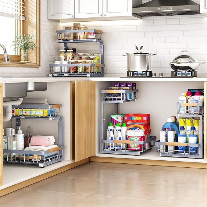 PXRACK Under Sink Organizer, Adjustable Height, 2 Tier Pull Out Under Cabinet Organizer, Slide Out Thickened Metal Under Sink Storage for Kitchen Bathroom Laundry Pantry Cabinet, Grey, Large-1-Pack