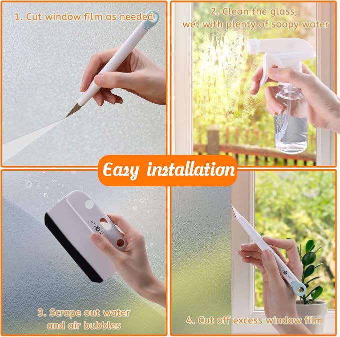 HTVRONT Window Privacy Film Kit - 4 Pcs Tint Kit for Home Glass & Windows | Scratch-Free & Anti-Slip Grip,Safe Detachable Blade, Bubble-Free Smoothing for Stained Glass Window Film Application
