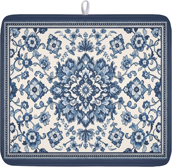 Blue Floral Dish Drying Mat for Kitchen Counter Vintage Flower Pattern Microfiber Dish Drainer Mat Rustic Farmhouse Absorbent Washable Drying Pad Extra Large 16"x18"