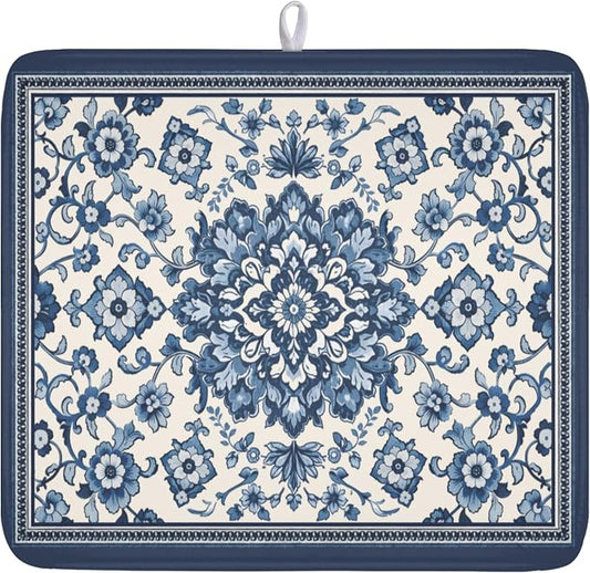 Blue Floral Dish Drying Mat for Kitchen Counter Vintage Flower Pattern Microfiber Dish Drainer Mat Rustic Farmhouse Absorbent Washable Drying Pad Extra Large 16"x18"