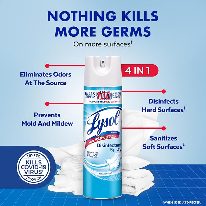 Lysol Disinfectant Spray, Household Essential Cleaning Supplies, Multi-Purpose Room Spray, Antibacterial Sanitizer Spray, Upholstery Deodorizer, Home and Bathroom, Crisp Linen,19 Fl Oz