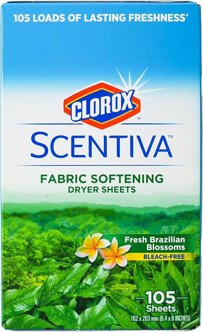 Clorox Scentiva Fabric Softener Dryer Sheets, Fresh Brazilian Blossoms Scent - Wrinkle Reducing Scented Softening Laundry Dryer Sheets for Great Smelling Clothes, 105 Count