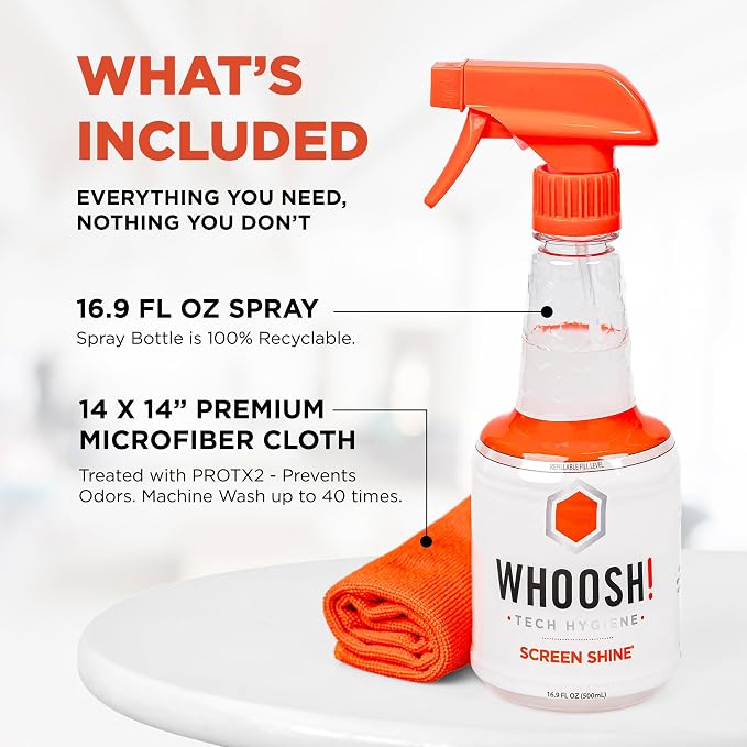 WHOOSH Screen Shine Pro Refillable Screen Cleaner, 16.9 fl oz | Streak Free Finish, Non Toxic and Odorless, For Flat Screens, OLED, LCD and Monitors, Microfiber Cloth Included
