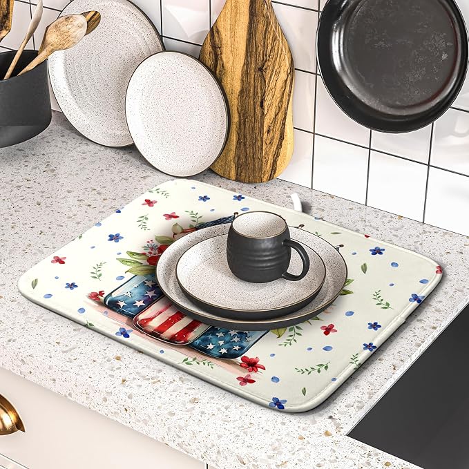 Giwawa American Patriotic Floral Dish Drying Mat Flower Vase Drainer Rack Mats 16"x18" Absorbent Microfiber Dish Dry Pad for Kitchen Counter Sink