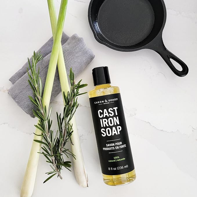 CARON & DOUCET - Cast Iron Cleaning & Conditioning Set: Seasoning Oil & Cleaning Soap | 100% Plant-Based | Best for Washing, Restoring & Seasoning Cast Iron Skillets, Pans & Grills! 8oz Each