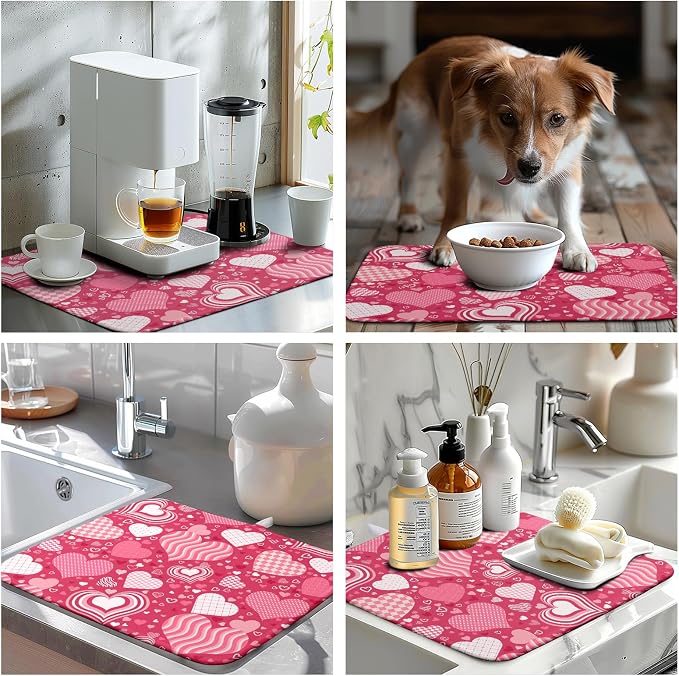 Valentine's Day Red Pink Love Heart Drying Mat for Kitchen Counter - Absorbent Microfiber Dish Drainer Mats - Medium Drying Pad - 16x18 Inch