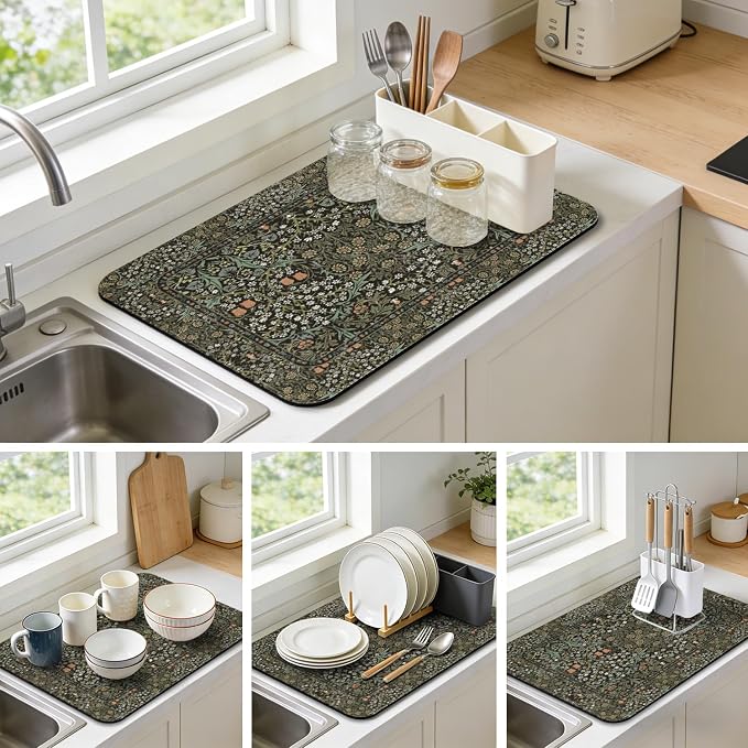 Dish Drying Mat for Kitchen Counter 17x32 Inch, Boho Quick Dry Coffee Mat | Made of super absorbent diatomite that quick dries dishes, coffee machine & sink area. Non-slip rubber base for countertop