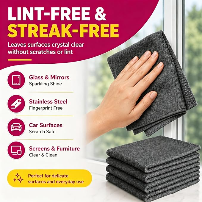 Magic Cleaning Cloth 5‑Pack, Thickened Streak-Free Microfiber Rags，5：8*12IN | Lint-Free Reusable Cleaning Towels for Window, Glass, Stainless Steel, And Car