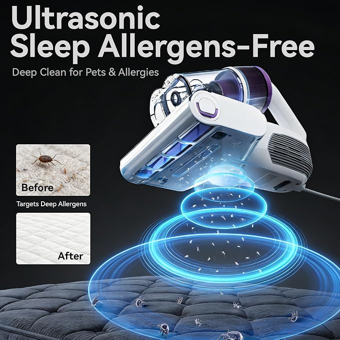 Bed Vacuum Cleaner 18KPa & 500W Powerful Suction, Visible Dust Sensor, 149°F Heat & UV-C Light, Mattress Deep Cleaning with HEPA Filter for Bed Couch Carpet (Corded)