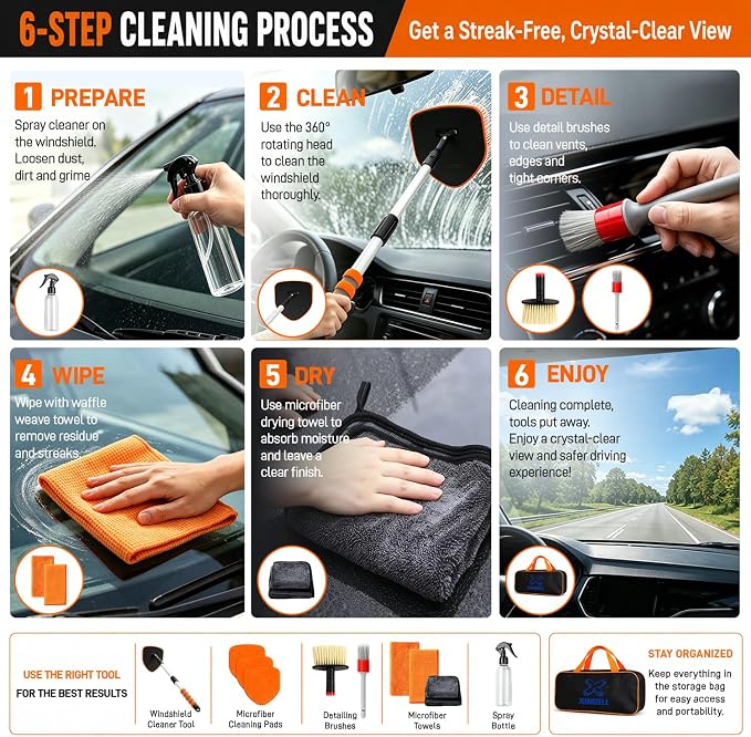 XINDELL Interior Windshield Cleaner Tool, Extendable Car Window Cleaning Kit with 360° Rotating Head, Interior Exterior Glass Cleaner for Cars Trucks SUVs, 10PCS with 3 Pads, Towels, Brushes & Bag | 360° Head, Extendable Handle, 3 Pads, 2 Brushes, 3 To...