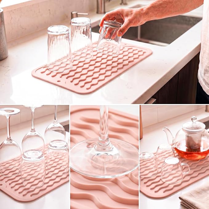 MicoYang Silicone Dish Drying Mat for Multiple Usage,Easy clean,Eco-friendly,Heat-resistant Silicone Mat for Kitchen Counter or Sink,Refrigerator or Drawer Liner Pink S 12 inches x 6 inches
