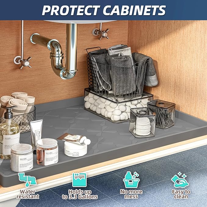 SIKADEER 19" x 19" Under Sink Mat Waterproof, Silicone Mat Kitchen Drawer Shelf and Cabinet Liner, Sink Protector for Kitchen Organizers and Storage, Boot Tray Pet Food Mats