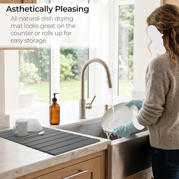 Large Stone Dish Drying Mat for Kitchen Counter 24" x 16" – Diatomaceous Earth Quick Dry Water Absorbing Mat –Roll up Drying Pads – Countertop Mats For Plates Dishes Rack –Matt Finish -Dark Gray