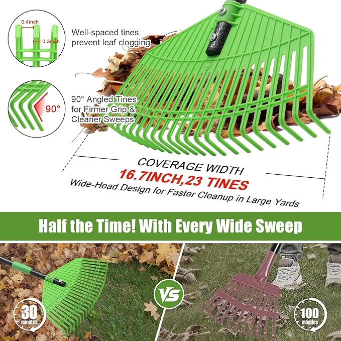 Lightweight Plastic Leaf Rake for Lawns - 16.5'' Wide Garden Rake for Leaves,Gentle on Lawn,50'' Adjustable for Women Seniors Kids,Outdoor Yard Rakes for Sweep Leaves,Grass, Pine Needle