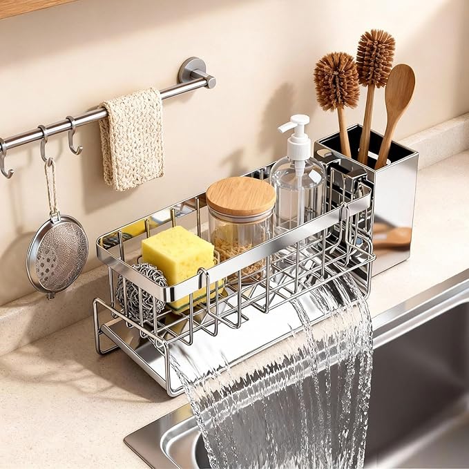 HoMaNa Sponge Holder for Kitchen Sink, Stainless Steel Sink Caddy Organizer, 30° Tilt Self-Drainage, Sponge Holder with Dish Brush Holder, Removable Dishcloth Rack for Kitchen Storage Box, Silver
