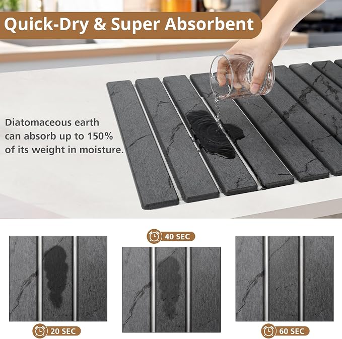 2 PCS Large Stone Dish Drying Mat for Kitchen Counter, Marbled Quick Dry Stone Dish Mats, Diatomaceous Earth Drying Pad, Foldable and Super Absorbent Dish Drying Stone Mat (Dark Gray 24"×16" & 8"×4")