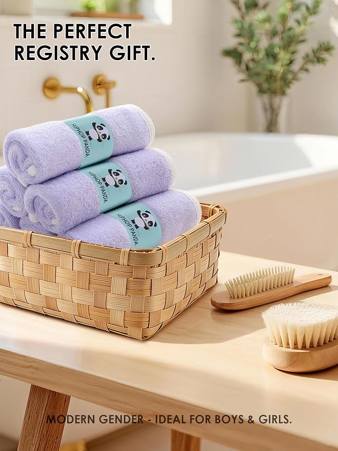HIPHOP PANDA Baby Washcloths, Rayon Made from Bamboo - 2 Layer Ultra Soft Absorbent Newborn Bath Face Towel - Reusable Baby Wipes for Delicate Skin - Purple, 6 Pack
