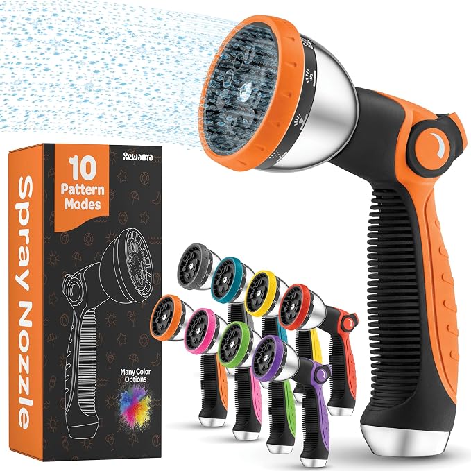 Hose Nozzle [Orange] Heavy Duty Hose Sprayer With 10 Adjustable Watering Patterns. Thumb Control Design, Comfortable Ergonomic Grip, Garden Hose Nozzle for Watering Plants & Lawns/Fun showers/Cleaning