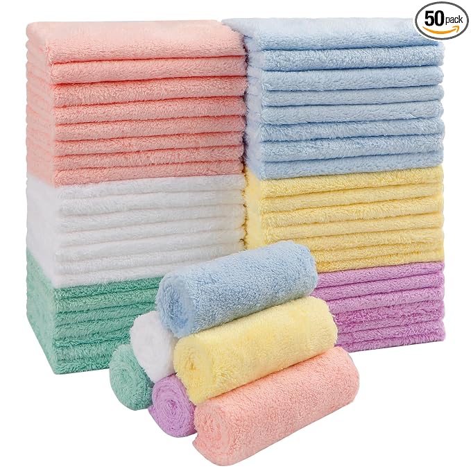 HOMEXCEL Baby Washcloths 50 Pack, Microfiber Coral Fleece Baby Bath Face Towel 7 x 9 Inch Extra Absorbent and Soft Burp Cloth and Wash Cloths for Newborn,Infants and Toddlers, Gentle On Sensitive Skin