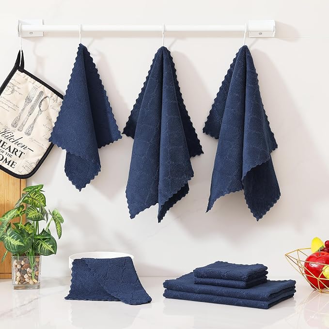 Homaxy Kitchen Towels and Dishcloths Set, 10 x 10 and 13 x 19 Inches, Set of 12 Super Soft and Absorbent Coral Velvet Kitchen Towels, No Lint and Nonstick Oil Fast Drying Dish Towel, Navy Blue