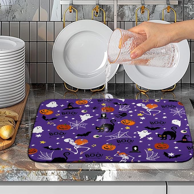 Halloween Dish Drying Mat for Kitchen Counter Cute Cat Boo Bats Skull Drying Mats Purple Fall Holiday Dishes Drying Pad Microfiber Absorbent Reversible Dish Drainer Rack Mat 16"x18"