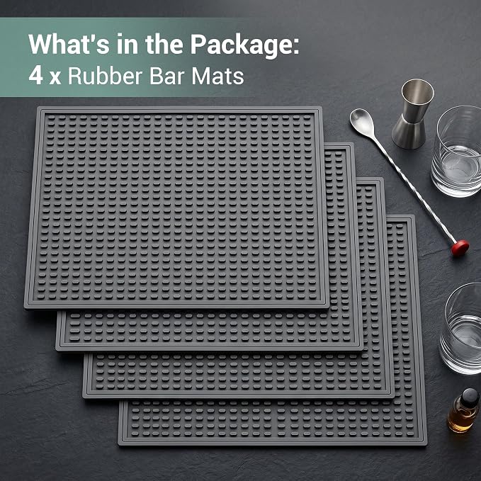 Rubber Bar Mat for Counter, Grey 4 Pack 12"x18" grip-friendly Coffee Bar Mat, Heat Resistant & Spill-proof Countertop Protector Mat for Kitchen, Home Bar, Coffee Station, Easy Clean Dish Drying Mat