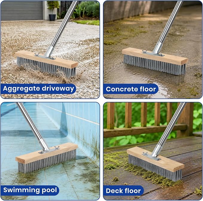 Stainless Steel Deck Scrub Brush, Outdoor Broom for Concrete, Deck, Cement Floor Cleaning, 56" Long Handled Heavy Duty Floor Scrubber