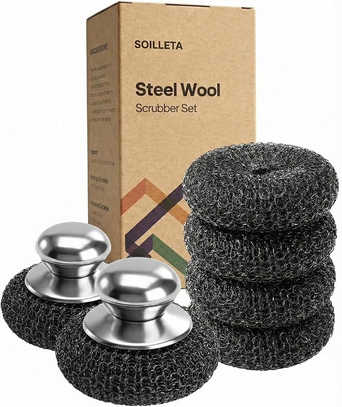 8 Pcs Steel Wool Scrubbers with 2 Pcs Handle,Stainless Steel Scouring Pads for Cast Iron Skillets, Grill & Kitchen Pots - Rust Resistant, Non-Splintering Heavy Duty for Tough Grease