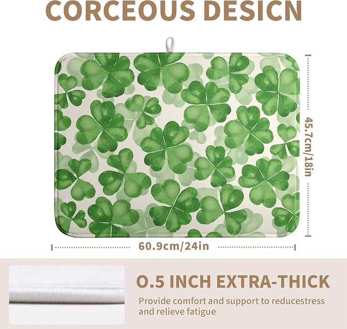 St Patrick's Day Green Clover Drying Mat for Kitchen Counter Watercolor Shamrock St Patricks Day Dish Drying Mats Spring Lucky Clovers Absorbent Reversible Dish Drainer Rack Mat Dish Pad 18x24 Inch